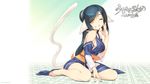  ;) amazuyu_tatsuki animal_ears aquaplus bangs bare_shoulders barefoot blue_hair breasts copyright_name detached_sleeves full_body grin highres japanese_clothes kuon_(utawareru_mono) large_breasts long_hair obi official_art on_floor one_eye_closed ponytail sash sideboob sitting smile solo swept_bangs tail tile_floor tiles utawareru_mono utawareru_mono:_futari_no_hakuoro wallpaper wariza watermark yellow_eyes 