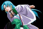  1girl aqua_hair armpits bandai_namco banpresto bare_shoulders blue_hair bow earrings glacies japanese_clothes kimono long_hair smile super_robot_wars super_robot_wars_destiny super_robot_wars_original_generation upper_body very_long_hair yellow_eyes 