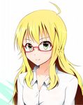  breasts cleavage dress_shirt glasses hoshii_miki idolmaster idolmaster_(classic) kiu_(dear_deer) long_hair medium_breasts shirt simple_background smile solo upper_body white_background white_shirt 