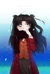  2015 black_hair black_ribbon blue_eyes fate/stay_night fate_(series) hair_ribbon highres long_hair ribbon scarf scarf_over_mouth siero snow solo toosaka_rin two_side_up 