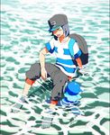  arm_support backpack bag barefoot baseball_cap black_hair buntatta capri_pants closed_eyes gen_7_pokemon hat highres male_focus open_mouth pants partially_submerged pokemon pokemon_(creature) pokemon_(game) pokemon_sm popplio shirt sitting striped striped_shirt t-shirt water you_(pokemon) 