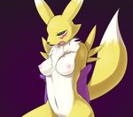  2016 anthro aoinu areola blue_eyes blush breasts digimon digital_media_(artwork) female fur gradient_background navel neck_tuft nipples open_mouth purple_background renamon simple_background sleeves solo sweat sweatdrop tuft white_fur yellow_fur 