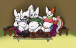  2015 anthro ascot belly big_belly breasts chest_tuft clothing colored digital_media_(artwork) eye_contact eyes_closed female food fur geckomania group hand_on_stomach happy inside kate lana mayla nintendo obese open_mouth overweight pok&eacute;mon sitting smile tuft video_games white_fur zangoose 