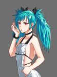  absurdres blue_hair closers collarbone covered_nipples grey_background highres red_eyes simple_background solo tongue tongue_out twintails yeoul 