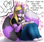  anthro book clothed clothing english_text eyewear feline female glasses looking_at_viewer lovelesskiax mammal smile solo text 