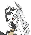  animaniacs anthro bugs_bunny clothed clothing duo gloves lagomorph looking_at_viewer looney_tunes low_res male mammal one_eye_closed red_nose simple_background smile standing sweat warner_brothers white_background wink yakko_warner young zehn 