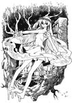  absurdres alternate_costume barefoot bookshelf candle clownpiece dated dress greyscale highres ko_kita laurel_crown long_hair monochrome open_mouth smile solo toga torch touhou tree 