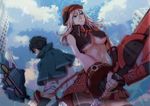  absurdres alisa_ilinichina_amiella bare_shoulders black_gloves black_hair blue_eyes boots breasts cabbie_hat elbow_gloves fingerless_gloves gloves god_eater hat highres holding holding_sword holding_weapon karare_(cangbaiblue) large_breasts long_hair looking_at_viewer no_legwear player_(god_eater_burst) short_hair silver_hair skirt suspenders sword thigh_boots thighhighs weapon 