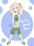  blue_eyes boy's_club bracelet character_name commentary green_footwear green_shorts hair_ornament jewelry long_hair looking_at_viewer meme original pepe_the_frog pink_hair shirt shoes shorts signature simple_background solo standing t-shirt takeuchi_kou twintails white_background white_shirt 