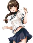  absurdres blue_skirt braid brown_eyes brown_hair hair_over_shoulder hair_ribbon highres kantai_collection kazu_(really_in_hot_water_now) long_hair looking_at_viewer midriff navel neckerchief open_mouth pleated_skirt red_ribbon ribbon sailor_collar school_uniform serafuku short_sleeves single_braid skirt smile solo uranami_(kantai_collection) 