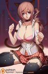  animal_ears armband bra breasts cat_ears cat_tail cleavage final_fantasy final_fantasy_xiii huge_breasts jewelry looking_at_viewer necklace open_clothes open_shirt paw_pose pink_hair serah_farron shirt side_ponytail sitting skirt solo songjikyo tail thighhighs underwear wariza 