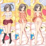  barefoot bed bed_sheet black_hair blue_eyes breasts brown_hair dakimakura from_above hair_ornament hairclip hentai_ouji_to_warawanai_neko. highres legs looking_at_viewer lying multiple_views navel on_back open_clothes open_shirt pajamas panties panty_pull pussy sakura_kaoru school_uniform shirt short_hair side_ponytail skirt small_breasts stuffed_toy tsutsukakushi_tsukiko underwear white_panties 