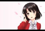  bangs blush brown_eyes brown_hair cherry_blossoms dress jacket katou_megumi nekoyashiki_gin open_mouth red_jacket saenai_heroine_no_sodatekata short_hair smile solo white_background white_dress 