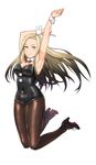  absurdres armpits arms_up black_legwear blonde_hair blue_eyes breasts cleavage closers covered_navel harpy_(closers) high_heels highres long_hair looking_at_viewer medium_breasts mole mole_under_eye pantyhose simple_background solo white_background wrist_cuffs yeoul 