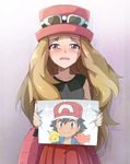  bag baseball_cap black_hair blonde_hair blue_eyes blush chinese commentary_request crying crying_with_eyes_open eyewear_on_head gen_1_pokemon handbag hat highres holding holding_sign long_hair looking_at_viewer photo_(object) pikachu pleated_skirt pokemon pokemon_(anime) pokemon_(creature) pokemon_xy_(anime) porkpie_hat red_skirt satoshi_(pokemon) serena_(pokemon) sign skirt solo sunglasses tears waero 