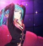  adjusting_hair alternate_hairstyle aqua_hair arms_up black_bra black_jacket blue_eyes bow bra butterfly_hair_ornament closed_mouth couch hair_ornament hakusai_(tiahszld) hatsune_miku honey_whip_(module) jacket long_hair looking_at_viewer looking_to_the_side pink_bow project_diva_(series) project_diva_f sideways_glance smile solo sparkle sweet_devil_(vocaloid) underwear upper_body vocaloid 