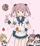  ahoge akebono_(kantai_collection) animal animal_on_hand apron bandaid bandaid_on_face bangs bell black_hair bow bunny bunny_hair_ornament chibi closed_eyes flower food fruit hair_bell hair_bobbles hair_flower hair_ornament hand_on_hip hand_up hands_together heart implied_pantyshot jingle_bell kantai_collection light_brown_hair long_hair looking_at_viewer multiple_girls oboro_(kantai_collection) otoufu pink_background pink_eyes pink_hair pleated_skirt pointer purple_hair sazanami_(kantai_collection) school_uniform serafuku short_hair short_sleeves side_ponytail sidelocks sketch skirt skirt_lift smile strawberry translation_request twintails ushio_(kantai_collection) wrist_cuffs 