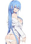  akame_ga_kill! ass bad_id bad_pixiv_id bare_shoulders blue_eyes blue_hair breasts butt_crack esdeath fedsnk from_behind hair_censor hair_over_breasts large_breasts long_hair looking_back no_hat no_headwear no_pants open_mouth panties shirt side-tie_panties sideboob simple_background solo underwear undressing white_background white_panties 