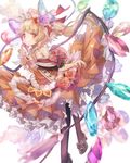  3: alternate_costume bare_shoulders blonde_hair butterfly_hair_ornament choker commentary_request dress flandre_scarlet flower gem hair_ornament heart highres pantyhose red_dress red_eyes ribbon rose side_ponytail simple_background solo torino_akua touhou white_background 