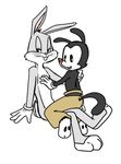 animaniacs anthro bugs_bunny clothed clothing duo gloves lagomorph looking_at_viewer looney_tunes low_res male mammal red_nose simple_background sitting smile warner_brothers white_background yakko_warner young zehn 