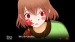  absurdres androgynous black_background blood blood_on_face bloody_clothes blush_stickers brown_hair chara_(undertale) empty_eyes fourth_wall gameplay_mechanics green_shirt happy_udk heart heart_necklace highres jewelry kimi_to_kanojo_to_kanojo_no_koi. looking_at_viewer necklace open_mouth parody red_eyes shirt simple_background solo spoilers trait_connection translated undertale upper_body visual_novel yandere 