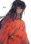  1boy alternate_form black_hair blood_on_face brown_eyes inuyasha inuyasha_(character) inuyasha_(human) long_hair looking_at_viewer male_focus simple_background solo sukja sword tessaiga white_background 