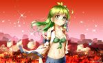  arm_at_side arm_behind_back artist_name blue_skirt blush breasts cleavage detached_sleeves frog_hair_ornament gradient_sky grass green_eyes green_hair hair_ornament hair_tubes hand_on_own_arm hips kochiya_sanae long_hair navel open_clothes open_shirt petals red_sky reflective_eyes shiny shiny_hair shirt skirt sky small_breasts smile snake_hair_ornament solo sparkle stomach toned touhou upper_body welt_(kinsei_koutenkyoku) white_shirt wide_sleeves wind 