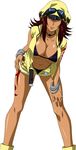  1girl blue_eyes bra breasts dark_skin hat ikkitousen large_breasts moukaku_(ikkitousen) panties red_hair solo standing tattoo 