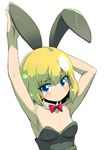  animal_ears armpits arms_up blonde_hair blue_eyes blush bow bowtie bunny_ears bunnysuit detached_collar fake_animal_ears girls_und_panzer highres katyusha leotard looking_at_viewer short_hair simple_background solo sw white_background 