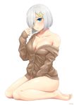  alternate_costume bangs bare_shoulders barefoot between_legs blue_eyes bob_cut bottomless breasts buttons cardigan cleavage collarbone eyes_visible_through_hair full_body hair_ornament hair_over_one_eye hairclip hamakaze_(kantai_collection) hand_between_legs hand_up head_tilt highres kantai_collection large_breasts light_smile long_sleeves looking_at_viewer naked_cardigan off_shoulder parted_bangs short_hair signature silver_hair simple_background sitting sleeves_past_wrists soles solo wariza white_background yurashima 