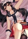  asymmetrical_legwear black_hair black_legwear blush breasts brown_eyes cleavage gloves highres kantai_collection large_breasts long_hair looking_at_viewer lying midriff narushima_kanna on_back pleated_skirt ponytail red_skirt school_uniform serafuku single_thighhigh skirt smile solo thighhighs twitter_username white_gloves yahagi_(kantai_collection) 