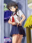  1girl blue_eyes blue_skirt braids brown_hair female from_below from_side g_yukishiro indoors looking_at_viewer no_panties pleated_skirt school_uniform serafuku skirt solo undressing uniform 