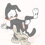  animaniacs anus black_fur blush clothed clothing fur gloves male mammal partially_clothed penis reclining simple_background solo spread_legs spreading warner_brothers yakko_warner zehn 