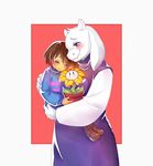  androgynous blush boots brown_hair carrying closed_eyes fangs flower flower_pot flowey_(undertale) frisk_(undertale) goat_girl horns italoo_taina monster_girl motherly plant potted_plant robe smile striped striped_sweater sweater toriel undertale 
