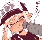 arms_above_head blush clothing hair hat inkling nintendo paint shirt simple_background splatoon sweat tears tentacle_hair tentacles ter_(artist) text threat video_games white_background white_hair 