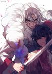  2boys alternate_form bangs black_hair blood blood_from_mouth blood_on_face blood_on_hands brothers brown_eyes crescent_moon_symbol facial_mark forehead_mark holding injury inuyasha inuyasha_(character) inuyasha_(human) long_hair male_focus multiple_boys parted_bangs pointy_ears sesshoumaru simple_background sukja sword unconscious white_background white_hair yellow_eyes 