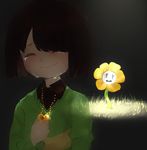  artist_name brown_hair chara_(undertale) closed_eyes collared_shirt crying flower flowey_(undertale) heart heart_necklace highres jewelry necklace shirt smile spoilers spotlight striped striped_sweater sweater tears transparent undertale upper_body victoria_(viv404) 