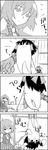  4koma =_= =d ascot bow chair comic commentary cup flattened flower from_behind greyscale hair_bow hair_tubes hakurei_reimu hat hay_bale highres holding_hands kazami_yuuka medicine_melancholy monochrome multiple_girls plant silent_comic sitting smile sweatdrop table tani_takeshi teacup touhou translated upside-down vase yukkuri_shiteitte_ne |_| 