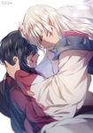  2boys alternate_form bangs blood_on_face brothers eyes_closed facial_mark forehead-to-forehead inuyasha inuyasha_(character) inuyasha_(human) long_hair male_focus multiple_boys pointy_ears sesshoumaru siblings sukja unconscious white_background white_hair yellow_eyes 