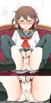  bangs blush breath brown_eyes brown_hair cameltoe can comic couch crotch_seam cum cum_on_body cum_on_clothes cum_on_upper_body fang gomennasai hair_between_eyes hair_ornament hairclip heavy_breathing highres ikazuchi_(kantai_collection) kantai_collection legs_up looking_at_viewer neckerchief nose_blush open_mouth panties pantyshot pantyshot_(sitting) pleated_skirt pussy_juice_stain saliva school_uniform serafuku short_hair sitting skirt skirt_lift smile solo spread_legs sweat thighhighs translated underwear upskirt wet wet_clothes wet_panties white_panties 