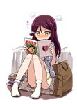  1girl bag bara blush book book_focus book_stack convenient_leg dokaben fujoshi full_body fume hair_ornament hairclip half_updo heart holding holding_book knees_together_feet_apart long_hair love_live! love_live!_sunshine!! manga_(object) nose_blush paper_bag pleated_skirt pornography purple_hair reading sakurauchi_riko shipii_(jigglypuff) sitting skirt smile socks solo sparkling_eyes white_legwear yellow_eyes 