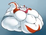  anthro belly big_belly big_breasts blue_eyes breasts clothing colored embarrassed featureless_breasts fur geckomania huge_breasts hyper hyper_belly immobile invalid_tag lana morbidly_obese nintendo overweight pok&eacute;mon simple_background sitting solo video_games whiskers white_fur zangoose 