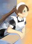  alternate_costume apron ayanami_(kantai_collection) blush brown_hair enmaided fusa_(starless2323) hair_ribbon kantai_collection long_hair maid maid_apron maid_headdress puffy_short_sleeves puffy_sleeves ribbon school_uniform short_sleeves side_ponytail smile solo 