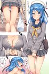  ass bag bare_shoulders blue_eyes blue_hair blue_panties blush breasts cardigan cleavage collarbone commentary_request covered_nipples directional_arrow double_bun eyebrows eyebrows_visible_through_hair hat heart highres ichikawa_feesu implied_cunnilingus implied_sex kantai_collection large_breasts long_hair looking_at_viewer miniskirt multiple_views necktie panties pantyshot pantyshot_(standing) plastic_bag pleated_skirt skirt sleeves_past_wrists smile squiggle standing striped striped_panties thighs translated unbuttoning underwear undressing upskirt urakaze_(kantai_collection) white_hat 