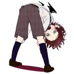  1boy bat_wings bent_over blush child diabolik_lovers fangs full_body green_eyes kneehighs loafers looking_at_viewer male_focus norita_(noritttta) open_mouth red_hair sakamaki_ayato shorts simple_background solo suspenders tsurime vampire white_background wings younger 