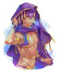  2016 alternate_costume arabian_clothes armlet bracer dark_skin dark_skinned_male dated earrings ensemble_stars! happy_birthday hood jewelry looking_at_viewer male_focus navel otogari_adonis purple_hair signature solo upper_body yellow_eyes yooani 