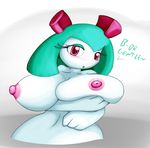  big_breasts blush breasts cactuscacti english_text female huge_breasts kirlia looking_at_viewer nintendo nipples open_mouth pok&eacute;mon text video_games 