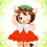  :3 ;d animal_ears brown_hair cat_ears cat_tail chen dress eyelashes floral_background gradient gradient_background hat jewelry mob_cap multiple_tails one_eye_closed open_mouth orange_eyes paw_pose red_dress ribbon single_earring smile solo souri tail touhou younger 