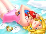  bed blonde_hair blue_eyes blush breasts camisole long_hair looking_at_viewer lying mario mario_(series) medium_breasts on_back princess_peach ronindude solo stuffed_toy super_mario_bros. thighhighs white_legwear 