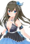  armband bad_id bad_twitter_id bangs bare_shoulders black_gloves black_hair blue_eyes blue_flower blue_rose blush breasts cleavage collarbone dress earrings eyebrows eyebrows_visible_through_hair flower fumika_bug gloves hair_flower hair_ornament hairband highres idolmaster idolmaster_cinderella_girls idolmaster_cinderella_girls_starlight_stage jewelry long_hair looking_at_viewer medium_breasts midriff minikon necklace rose sagisawa_fumika simple_background solo strapless strapless_dress white_background 